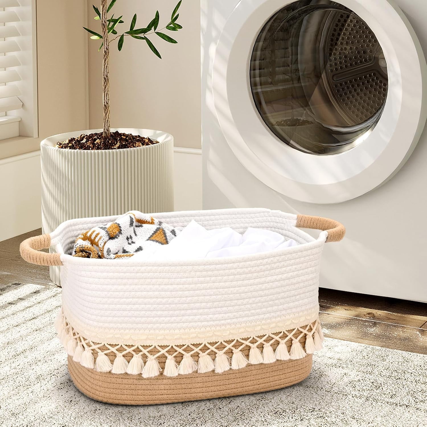 Natubeau 3 Pack Woven Storage Baskets, Jute 22L Large Storage Basket for Organizing, Cotton Rope Storage Bins with Heavy Tassel, Cube Laundry Baskets
