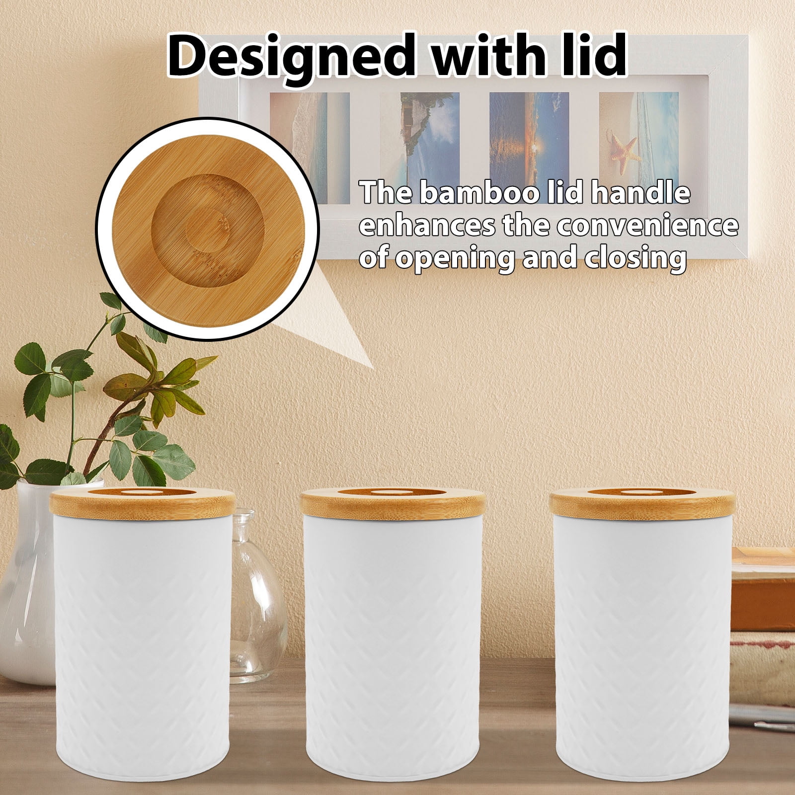Grusce 3 Pack Ceramic Kitchen Canister Set for Sugar Coffee Tea, Airtight Food Storage Jars with Bamboo Lids, White Ceramic Storage Jar Kitchen Canister, Decorative Storage Pots for Countertop
