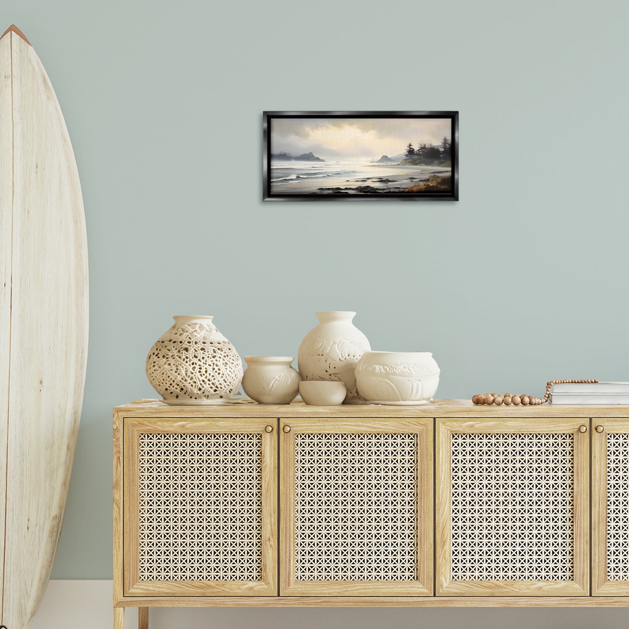 Stupell Industries Coastal Shore Inlet Coastal Painting Black Floater Framed Art Print Wall Art, 25 x 11