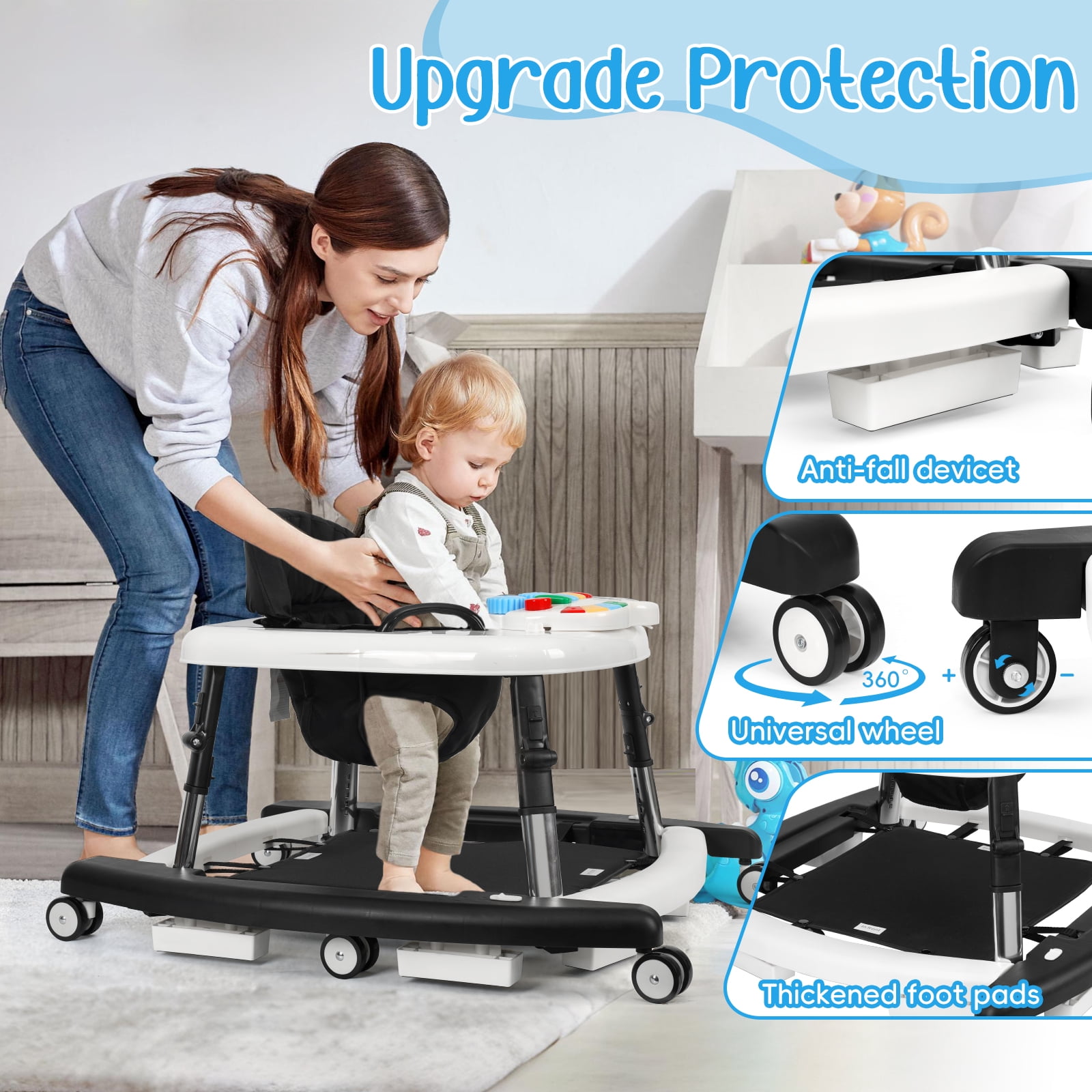 XIOYIG 5 in 1 Baby Walker, Music and Lights Walker for Baby Boy Girls 6-18 Months, Foldable Baby Walkers with Wheels and Bouncer Combo Portable, Toddler Infant Walker with Adjustable Height,Black