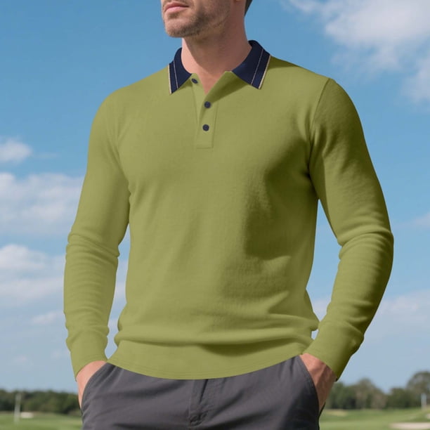 Blusa y camisa de manga larga con cuello vuelto para hombre, estilo informal, de golf, de negocios, con botones sueltos, de media manga, con cuello vuelto, blusas de poliéster para hombre