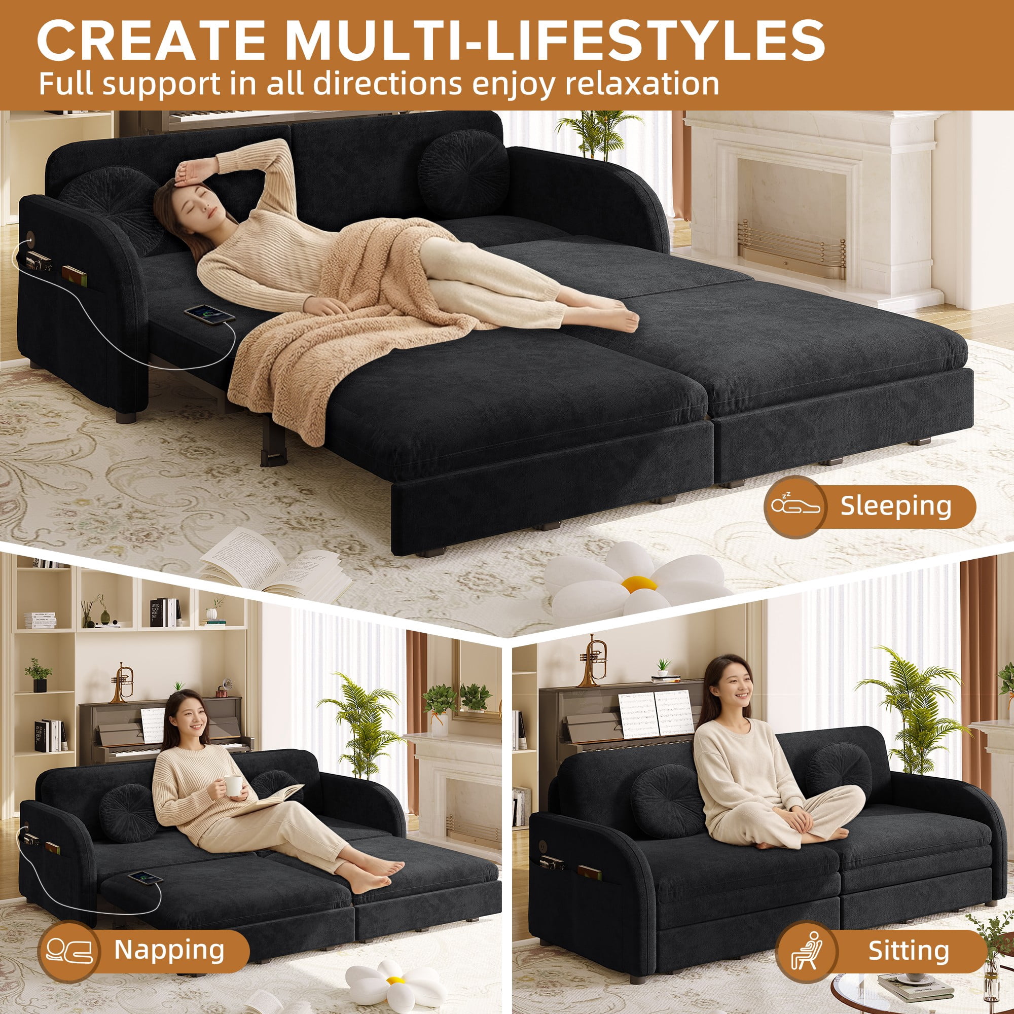 LLappuil Queen Size Pull Out Sofa Bed, Compact Loveseat Sofa Covertible Sofa Bed with USB Port, Side Pocket , Chenille Sofa Couch for Living Room Black