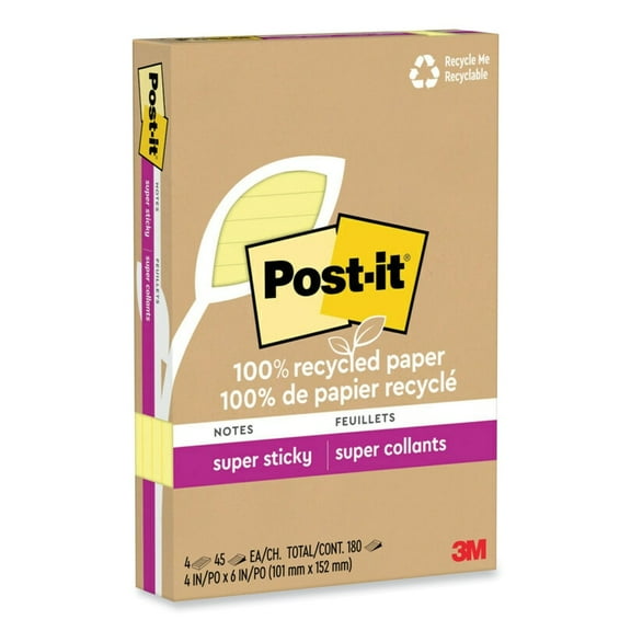 Post-it Notes Super Sticky 4621R-4SSCY 4 in. x 6 in. Ruled 100 Percent Recycled Paper Super Sticky Notes - Canary Yellow (4-Pads/Pack)