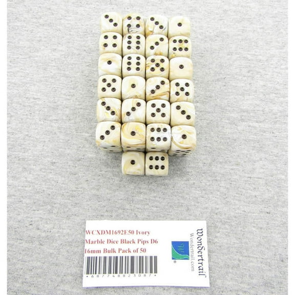 Ivory Marble Dice with Black Pips D6 16mm (5/8in) Bulk Pack of 50 Wondertrail