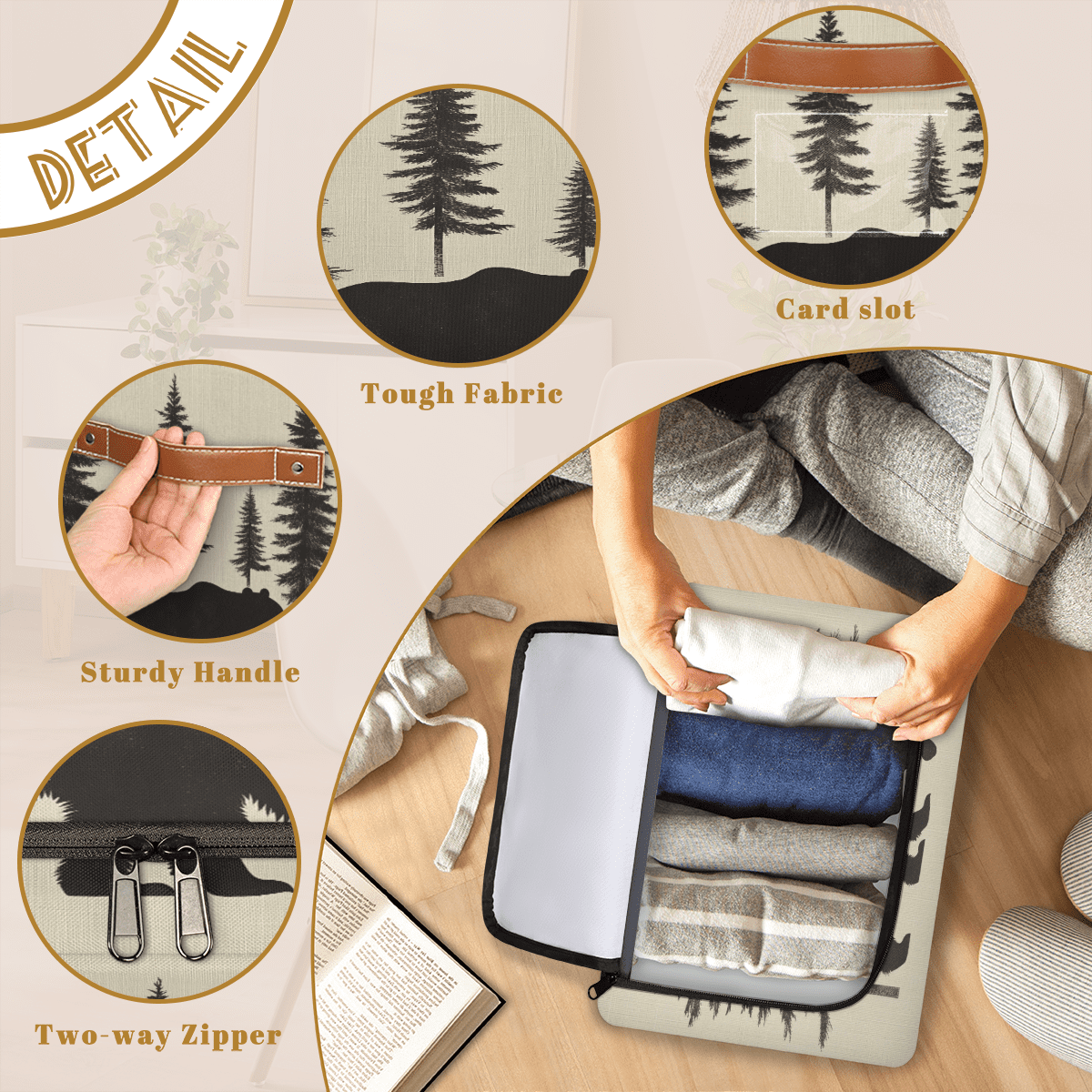 ADECORIVY Tree Bear Fabric Storage Bin with Lid, Decorative Closet Shelf Organizers, Animal Forest Bear Foldable Basket Box Clothes Storage Bin with Handles
