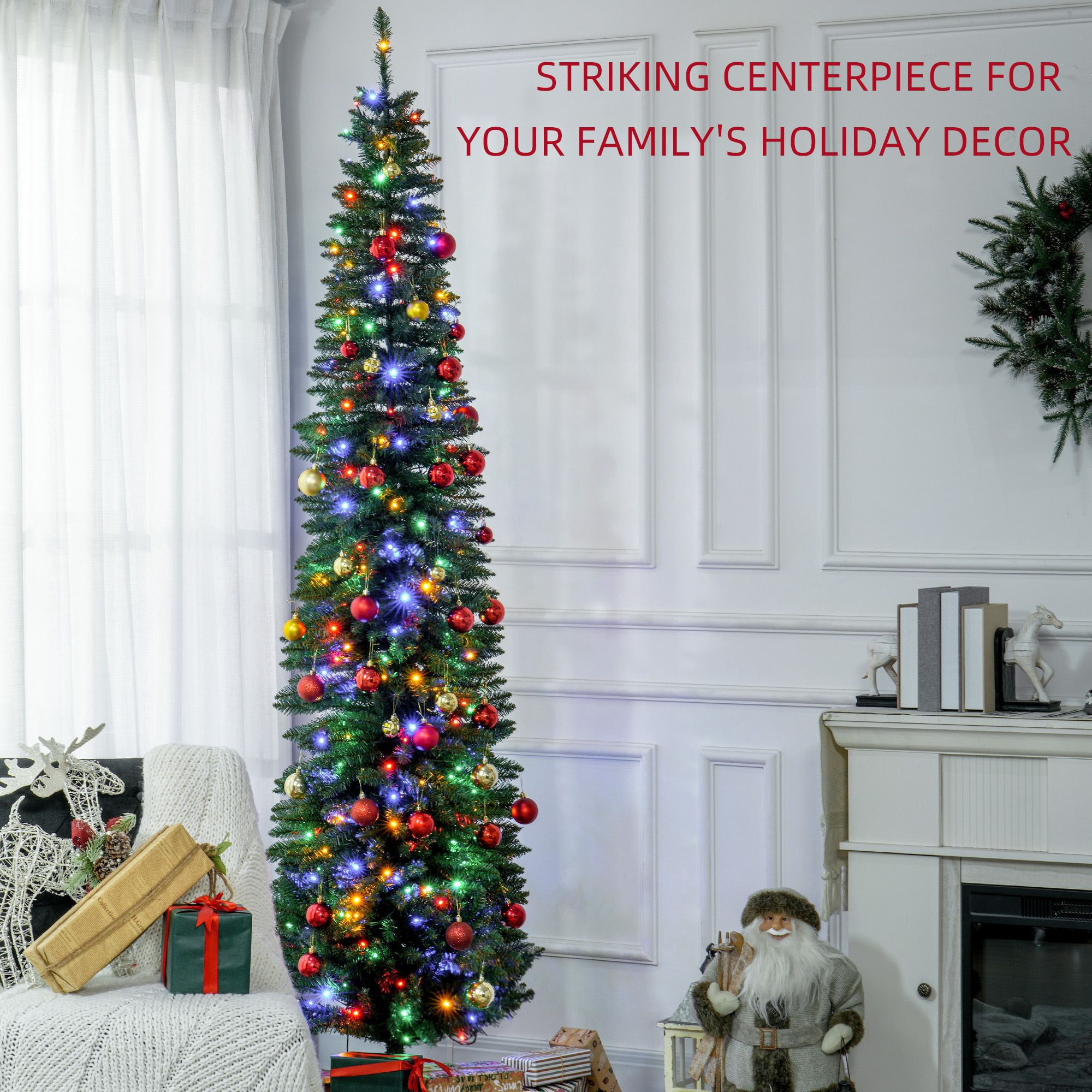 8 ft Artificial Pencil Christmas Tree with 250 Colorful LED Lights, 668 Tips, Steel Base, Skinny Slim Shape for Small Rooms and Entryways