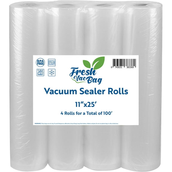 FreshVacBag Four Rolls of 11"x25' Food Saver Vacuum Sealer Rolls Freezer Bags Rolls