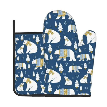 

Lukts cute winter bear Print Kitchen Heat-Resistant Gloves and Spacers 2pcs Set Suitable for Baking and Cooking