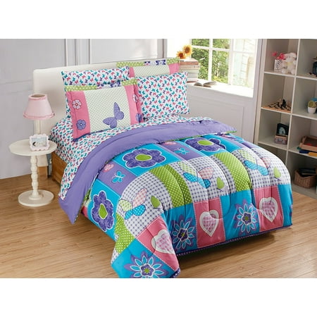 Fancy Linen 7pc Full Butterfly Purple Pink Turquoise Flowers Comforter Set New