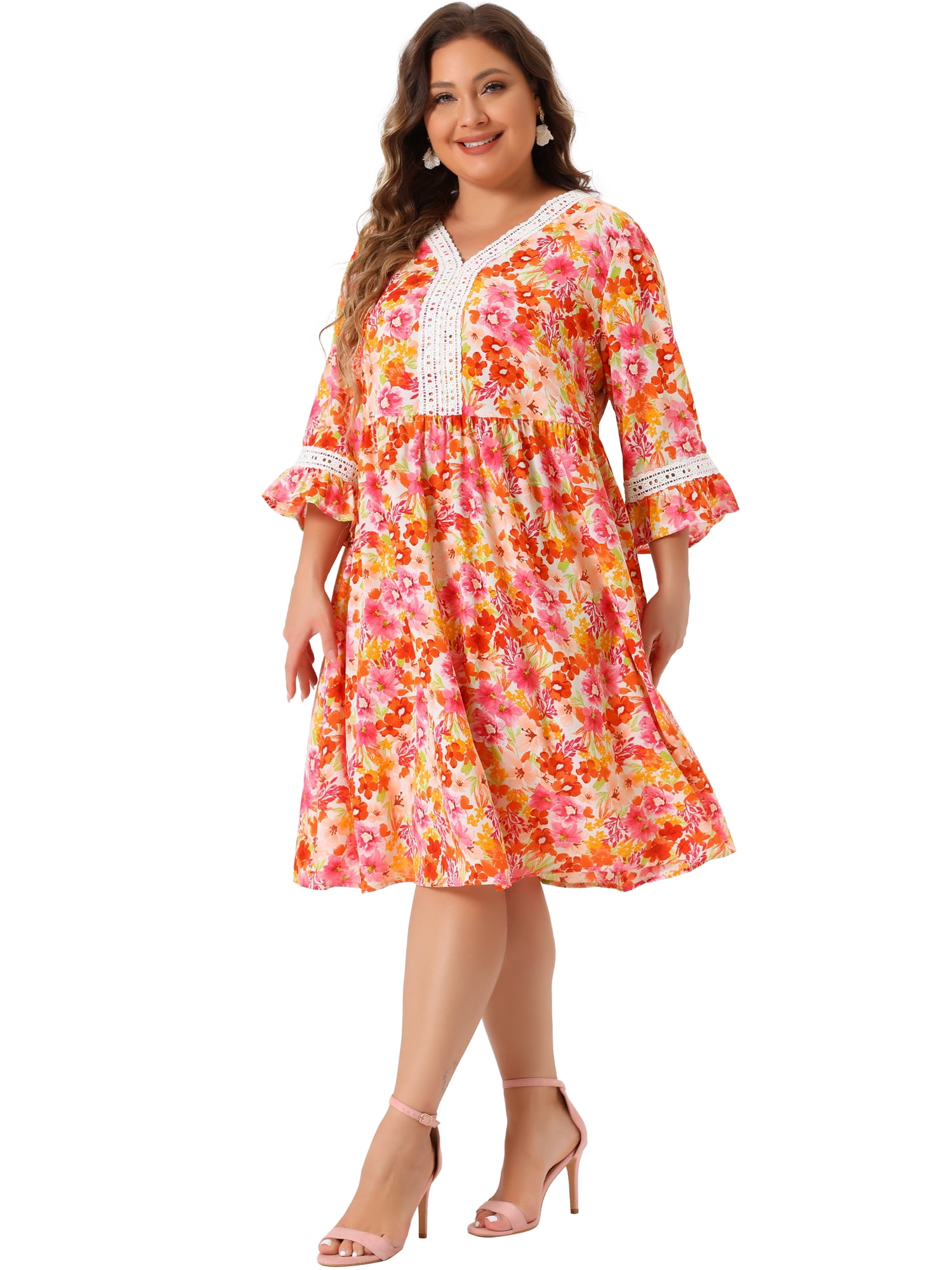 DARING DIVA Plus Size 3/4 Sleeve Lace Hollow Ruffle Midi Flare Dress 2X Orange