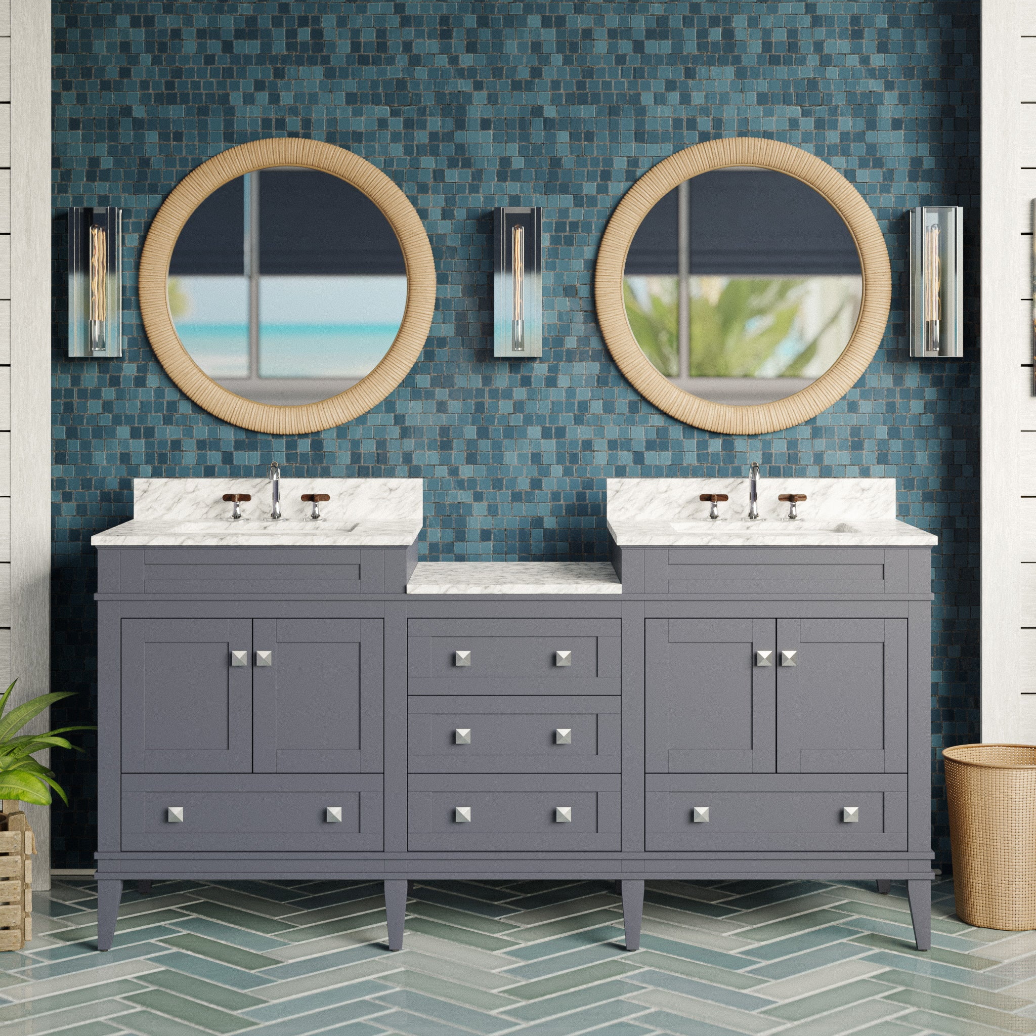 Eleanor 72" Double Bathroom Vanity with Marine Gray Cabinet and Carrara ...