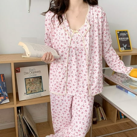 

DanceeMangoo Women Pajamas Set Sling Cotton Pajamas 3 Peices Sleepwear for Women Long Sleeves Breathable Sexy Robe Homewear SexyTop Trousers