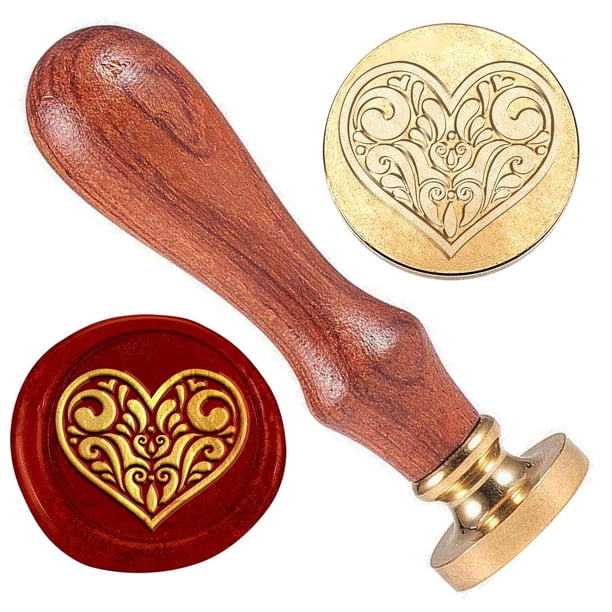 Sello de lacre con forma de corazón de 1 pulgada, cabeza de latón con mango de madera. Sello de lacre vintage con forma de corazón.