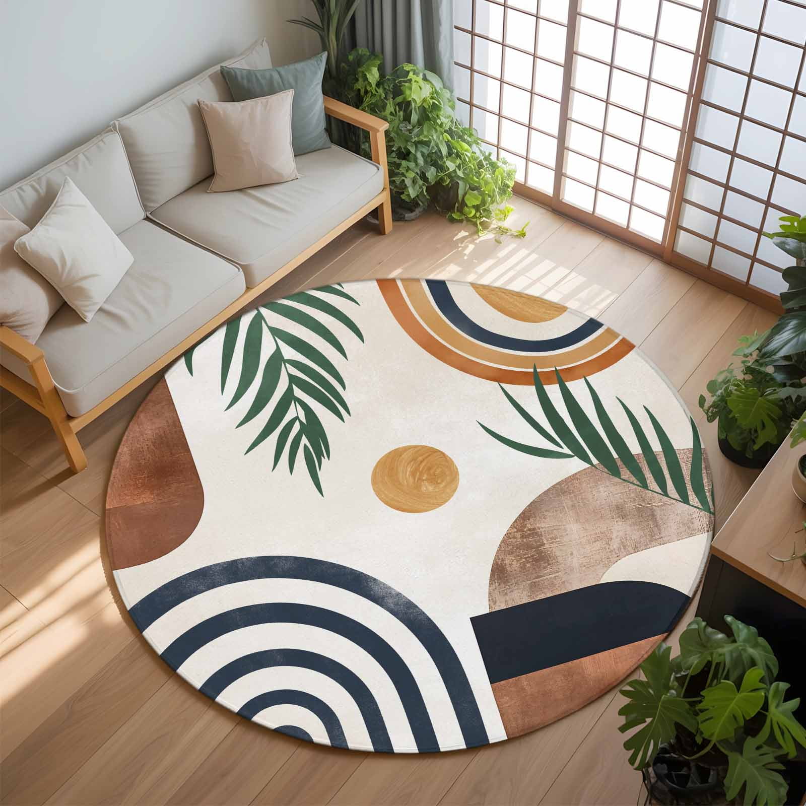 Boho Middle Century 6ft Round Rug, Modern Abstract Botanical Geometric Non-Skid Rubber Backing Large Area Rugs - Living Room Bedroom Home Office, Indoor Floor Mat Carpets Washable Rug
