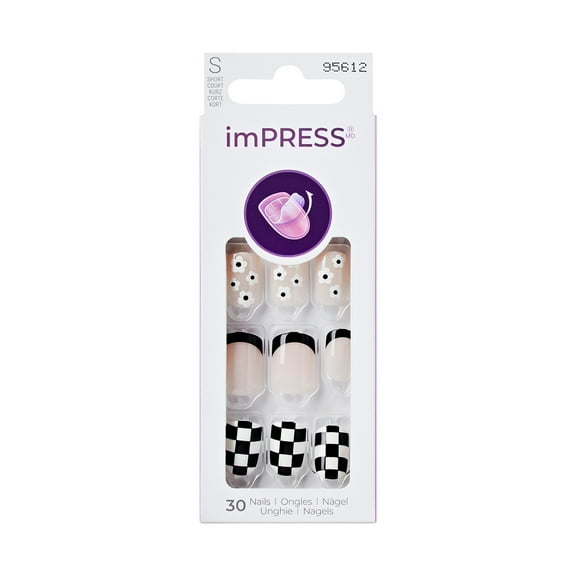 KISS imPRESS Design  Press on Nails, Into The Warmth, Black, Short Squoval, 30 Count