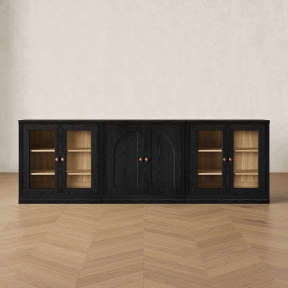 CHIC HOUSE 95" Modular 3 Piece Entertainment Center with Storage, Fluted Extra Long TV Stand for TVs up to 100", Modern Wood Media Console Cabinet for Living Room, Bedroom, Black