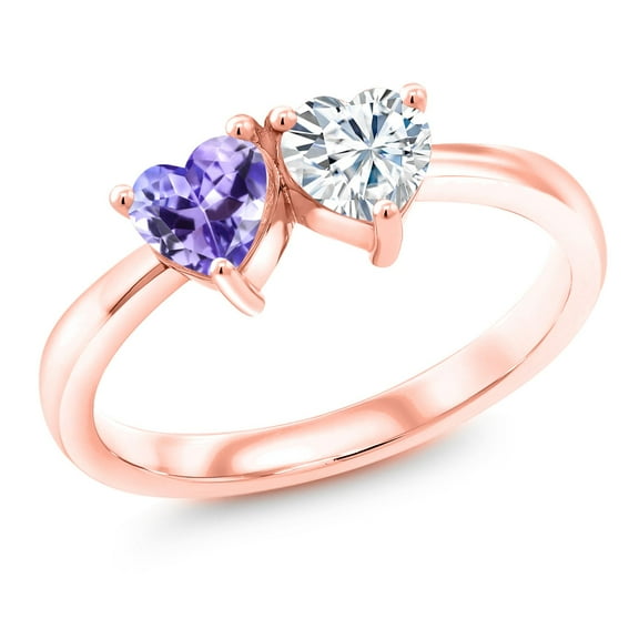 Gem Stone King 18K Rose Gold Plated Silver Fashion Right-Hand Ring Set with Heart Shape Blue Tanzanite and Moissanite (1.00 Cttw, Size 6)