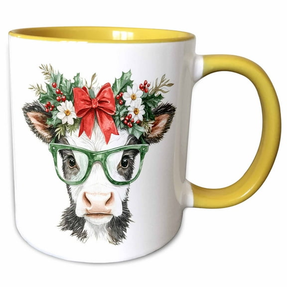 3drose, Cute Black and White Christmas Cow in Glasses, 11oz Two-tone Yellow Mug