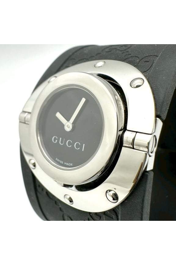 Pre-Owned GUCCI Toile Bangle Watch 112 GG Rubber Quartz Black Women's (Good)