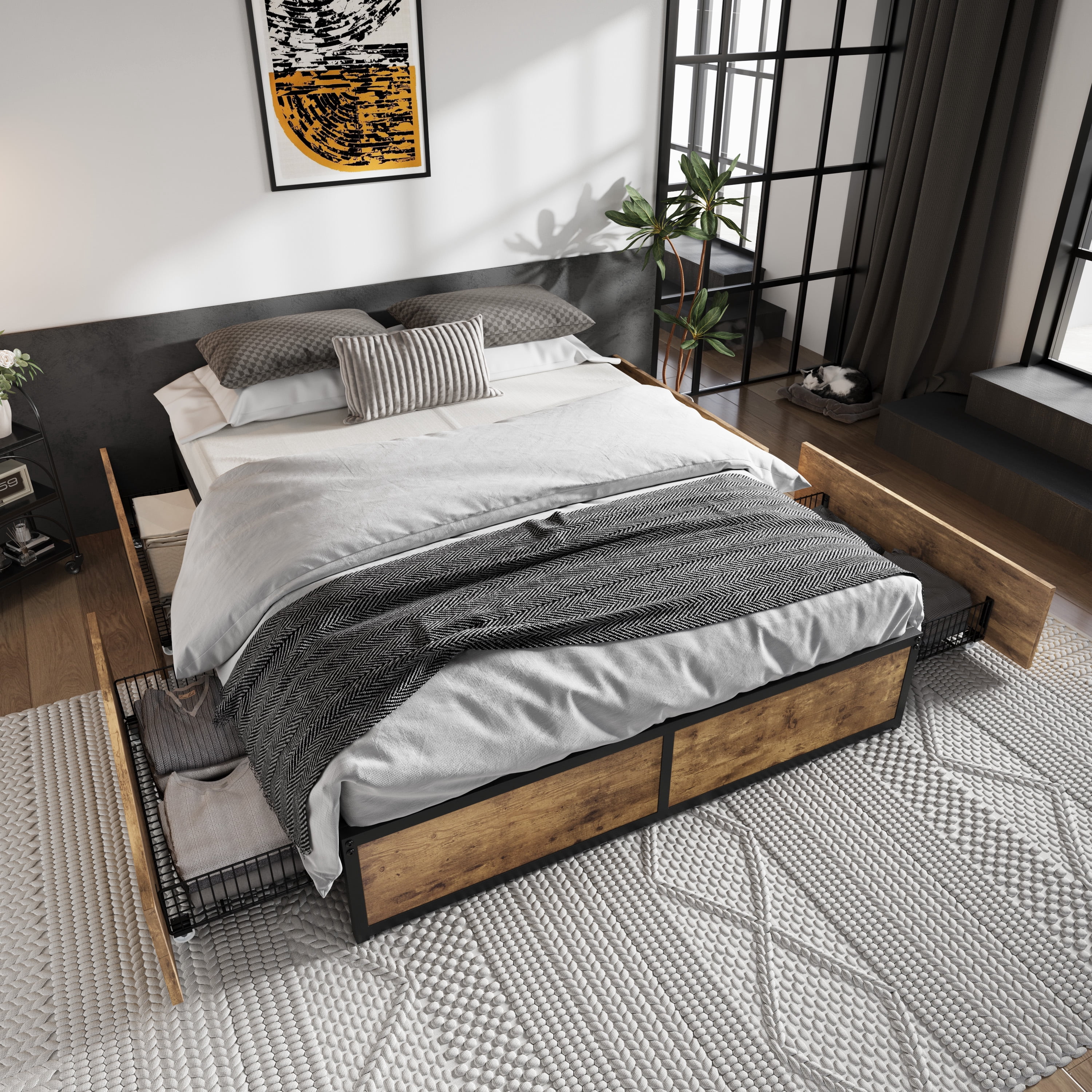 Merrland Queen Size Platform Industrial Bed Frame with 4 Large Storage Drawers, Brown
