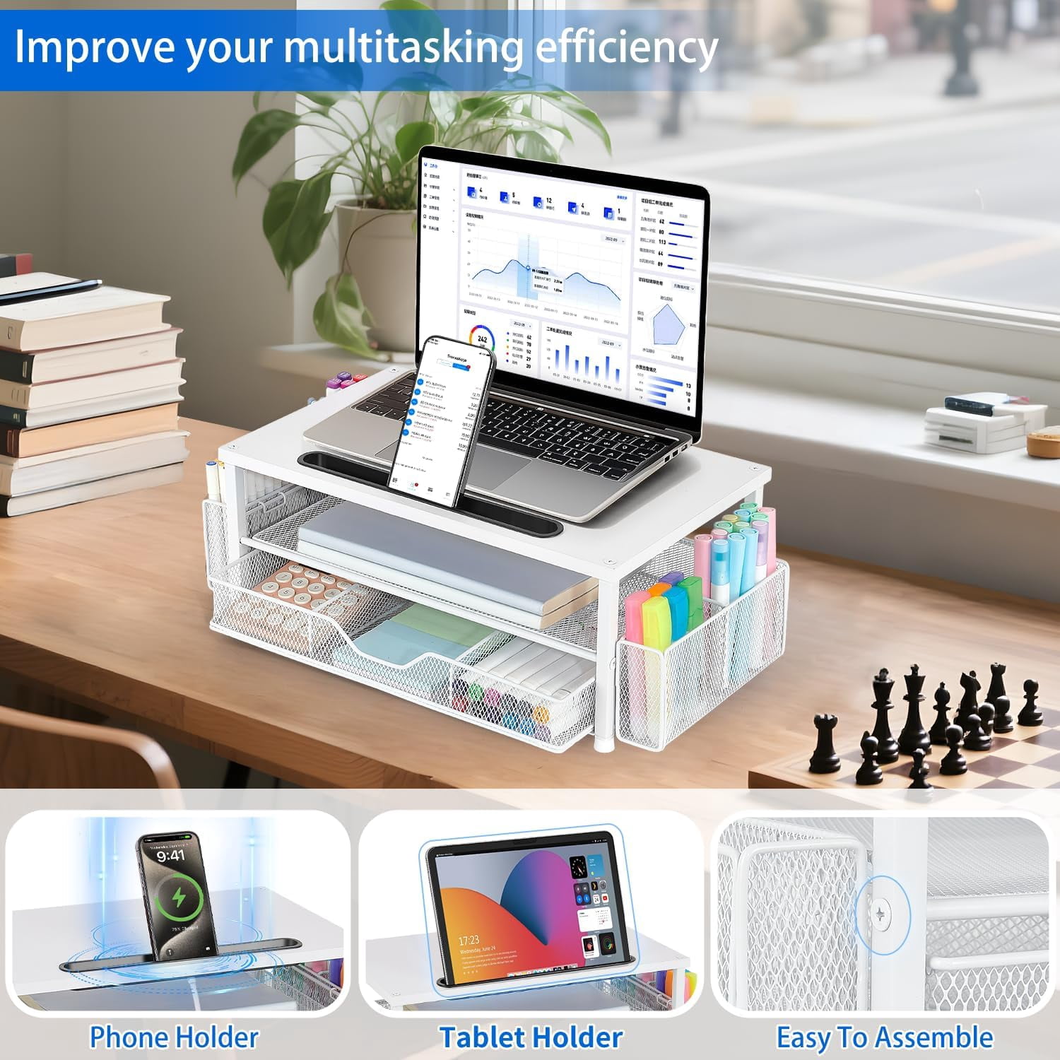 Wood Desk Organizers and Accessories, 2-Tier Computer Monitor Stand with Drawer, Pen Storage & Tablet Phone Holder, Office Desk Accessories, Workspace Desktop Organization for Office Supplies（Brown）