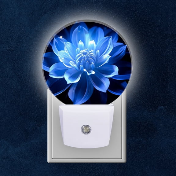 Round LED Night Lights Lamp with Dusk to Dawn Sensor, Beautiful Blue DahliFlower On Black Background Night Light Plug Into Wall for Kids Room, Bedroom, Bathroom, Kitchen, Hallway
