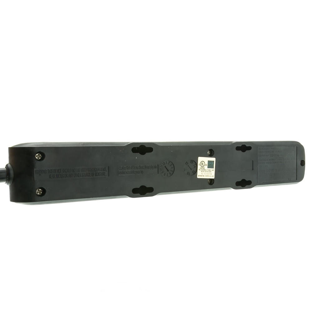 Surge Protector, Flat Rotating Plug, 6 Outlet, Black Horizontal Outlets, Plastic, Power Cord 4 foot