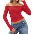 thumbnail image 2 of Womens Long Sleeve Off the Shoulder Tops Going Out Cute Basic Y2K Fall Fashion 2026 Outfits Clothes Red S, 2 of 9