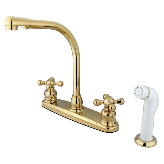 Kingston KB712AX Victorian Two-Handle 4-Hole 8" Centerset Kitchen Faucet with Side Sprayer in Polished Brass