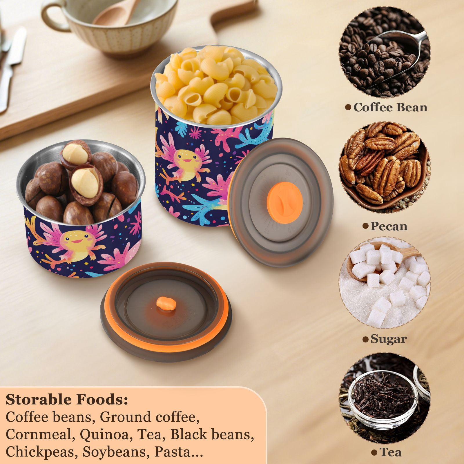 Cute Rainbow Axolotl Airtight Coffee Bean Canister 30oz Food Storage Containers with Lids For Gournd, Tea, Sugar, Flour, Rice, Cereal, Candy Cookie Jar