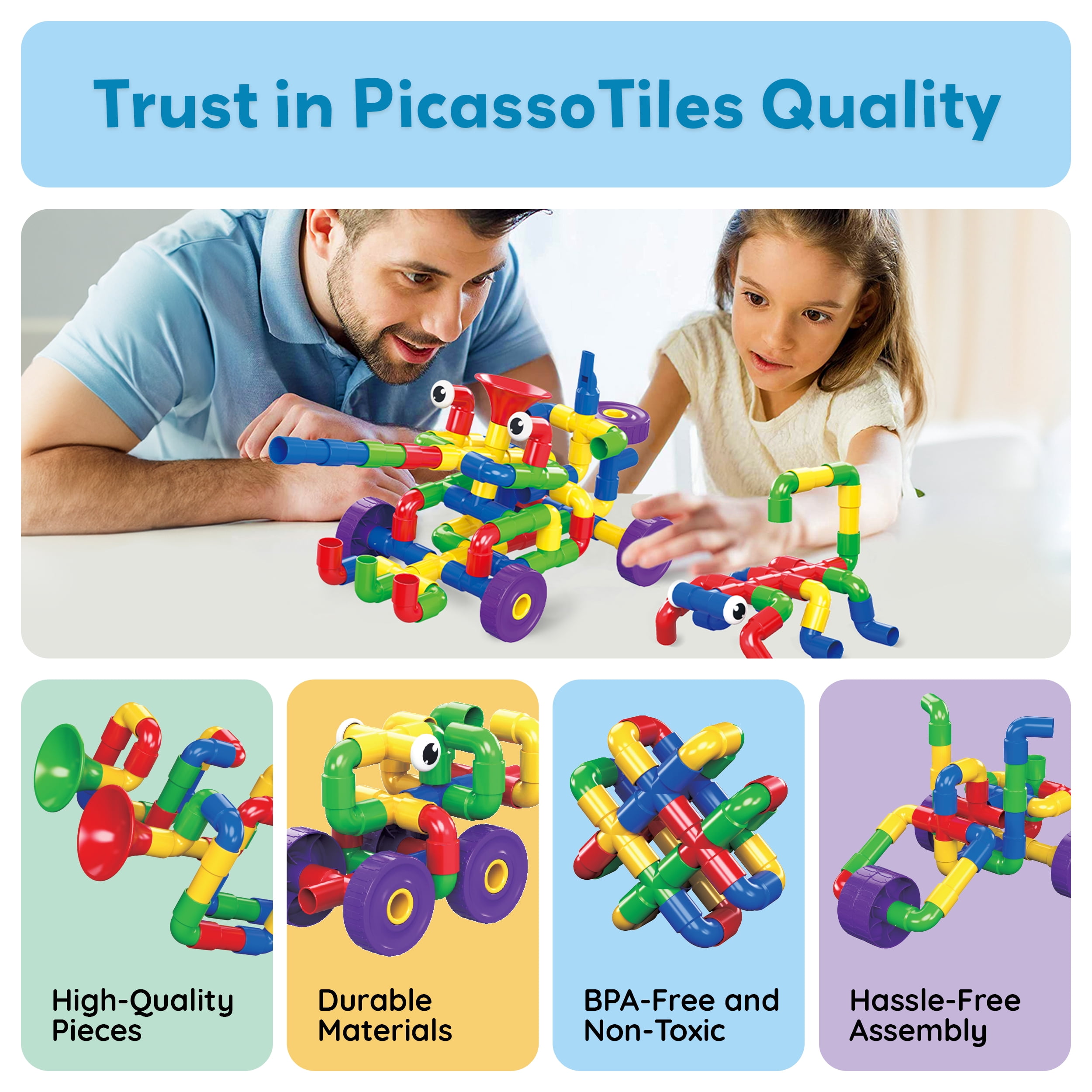 PicassoTiles 136PCS Pipe Tube Wheel Construction Building Blocks Set – STEM Educational Toy for Kids
