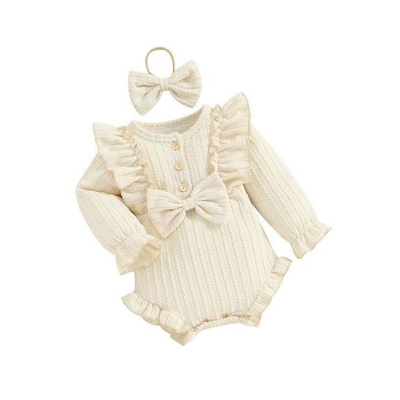 Suealasg Newborn Girls Romper 3 6 9 12 Months Infant Girls Long Sleeve Crew Neck Button Up Romper Jumpsuit Headband 0-12M 2Pcs Baby Girl Spring Clothes Set