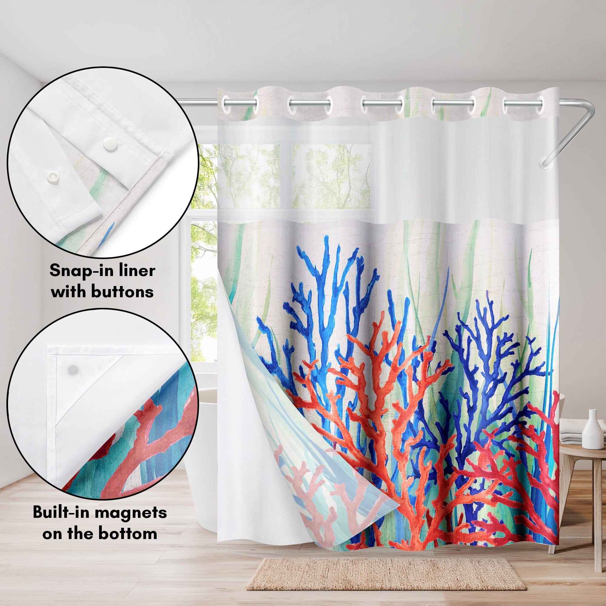 Americanflat 72x75 Hookless Shower Curtain - Coastal Orange Blue Shower Curtain with Sheer Panel, Snap-In Liner, and Grommets - 100% Polyester