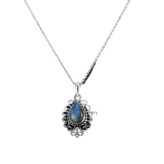 Solid 925 Sterling Silver Necklace For Women, Genuine Labradorite Cabochon Pear Gemstone Amazing Handcrafted Necklace For Her