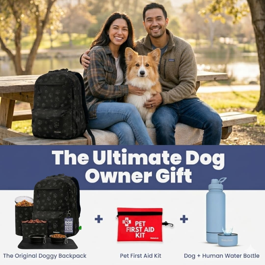 Dog Travel Bag for Supplies - Backpack with 2 Collapsible Dog Bowls, Food Bag, Treat Pouch: Black Paw Print