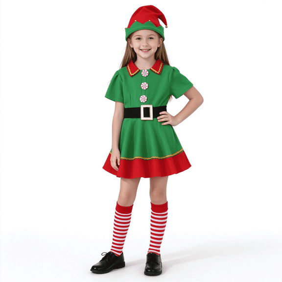 MEZZALL Girls Christmas Elf Costume Kids Holiday Cosplay Dress Outfit Short Sleeve Dress with Elf Hat Belt Striped Socks for Festival Party