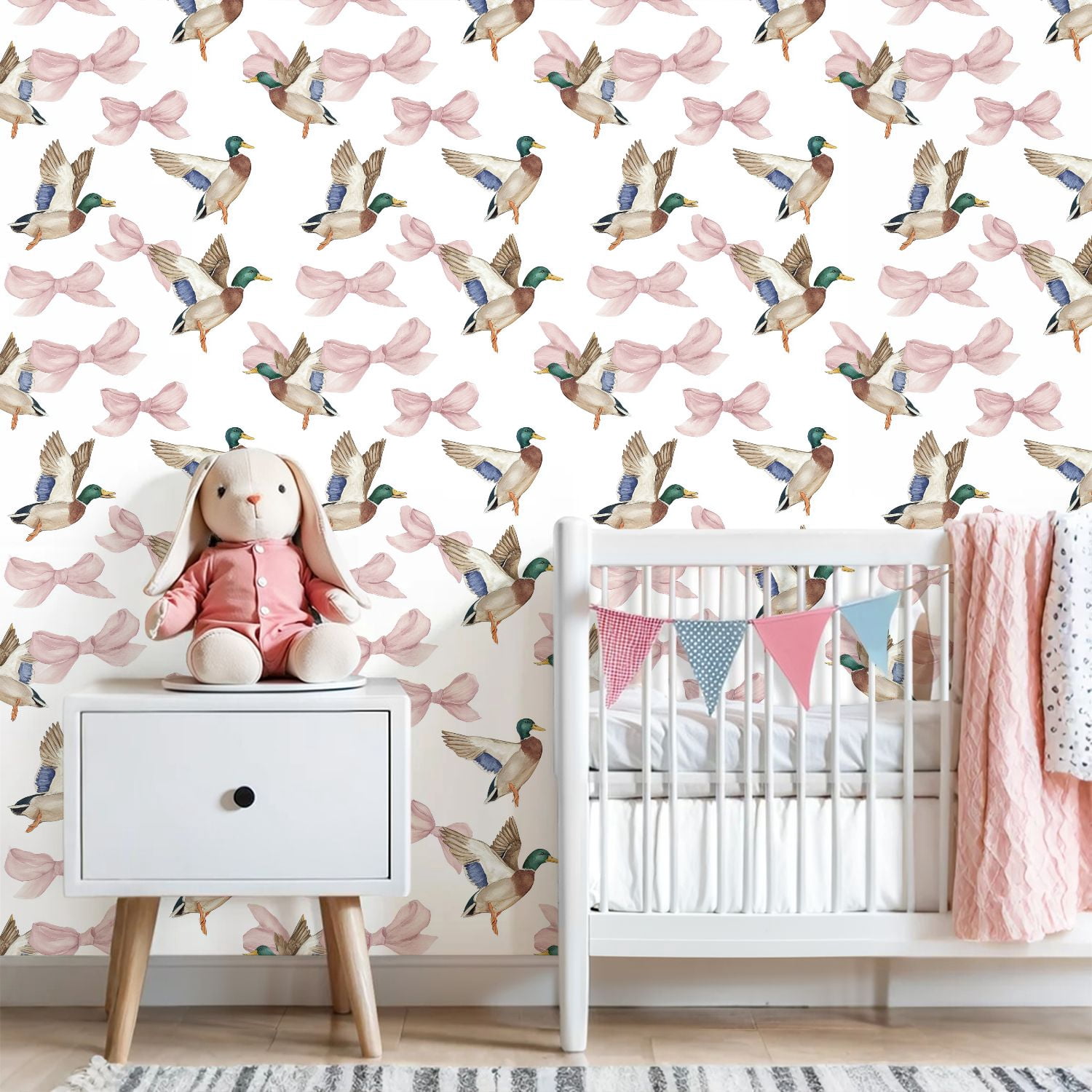 Peel and Stick Wallpaper Mallard Ducks Pink Bows Watercolor Soft Pastel Tones Wall Mural 23.6in x 9.8ft Self Adhesive Removable Wall Paper Renter Friendly Wallpaper for Nursery Bedroom Cabinets