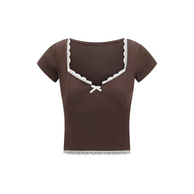 Mialoley Hauts Courts en Dentelle pour Femmes Manches Courtes Col Cœur Mini Nœud devant T-Shirt Slim Doux