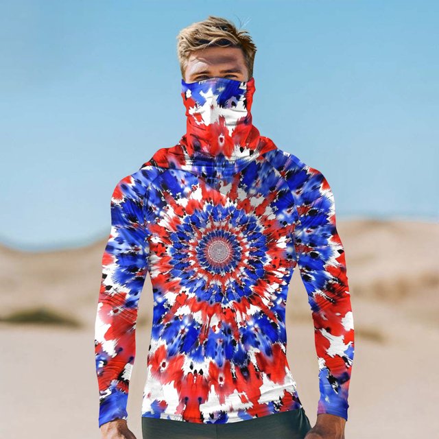 Viluyesy Men's Printed Lightweight UV Protection Hoodie, Quick Dry Breathable Rash Guard Long Sleeve Shirt with Face Mask A Multicolor L
