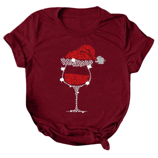 Gibobby Camiseta Navideña De La mujer Navidad Copa de de nieve Muñeco de nieve Estampado O Cuello Camiseta Blusa Manga corta(Rojo,G)