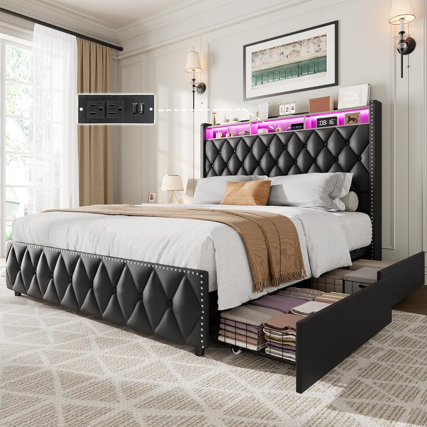 Full/Queen/King Size Platform Leather Upholstered Bed Frame - 50.8in Tall Headboard, 4 Storage Drawers, USB Charging Station & LED Lights, No Box Spring Needed