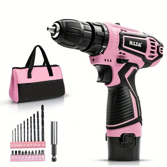 12V Pink Cordless Drill Driver Set, Electric Drill, Various Speed, Li-Ion Battery Powered, 25+1 Torque Setting, 3/8” Keyless Chuck, Electric Drill For Metal