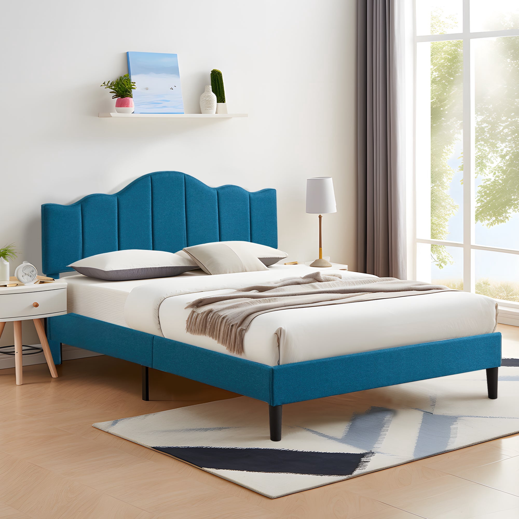 VECELO Queen Size Bed Frame, Upholstered Platform Bed with Adjustable Headboard, Wooden Slats Support, No Box Spring Needed, Easy Assembly, Eco Friendly Packaging, Blue