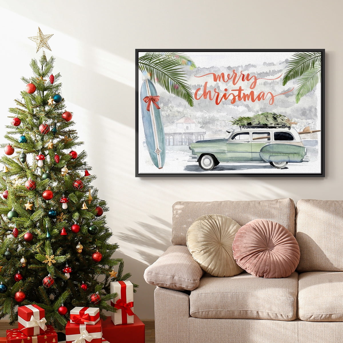 So Cali Christmas Collection A - Framed Gallery Wrapped Holiday Canvas - 17 x 25 - Black Frame
