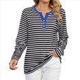thumbnail image 1 of Camisetas de Larga A Rayas para Mujer, Informales, con Cuello en V, Bloques de Color, Corte Holgado, Básicas. y Negro S, 1 of 10