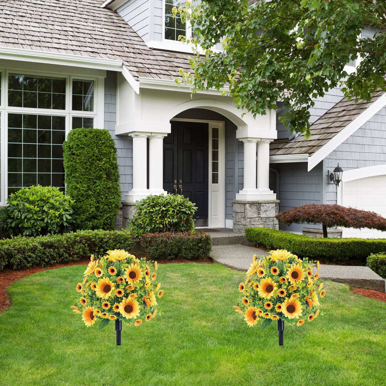 2PCS Artificial Boxwood Topiary Ball Trees with Sunflowers for Outdoor with Ground Spik, UV Resistant Faux Greenery Shrubs, Fake Boxwood Plants for Indoor, Garden, Yard, Porch, Patio Decor