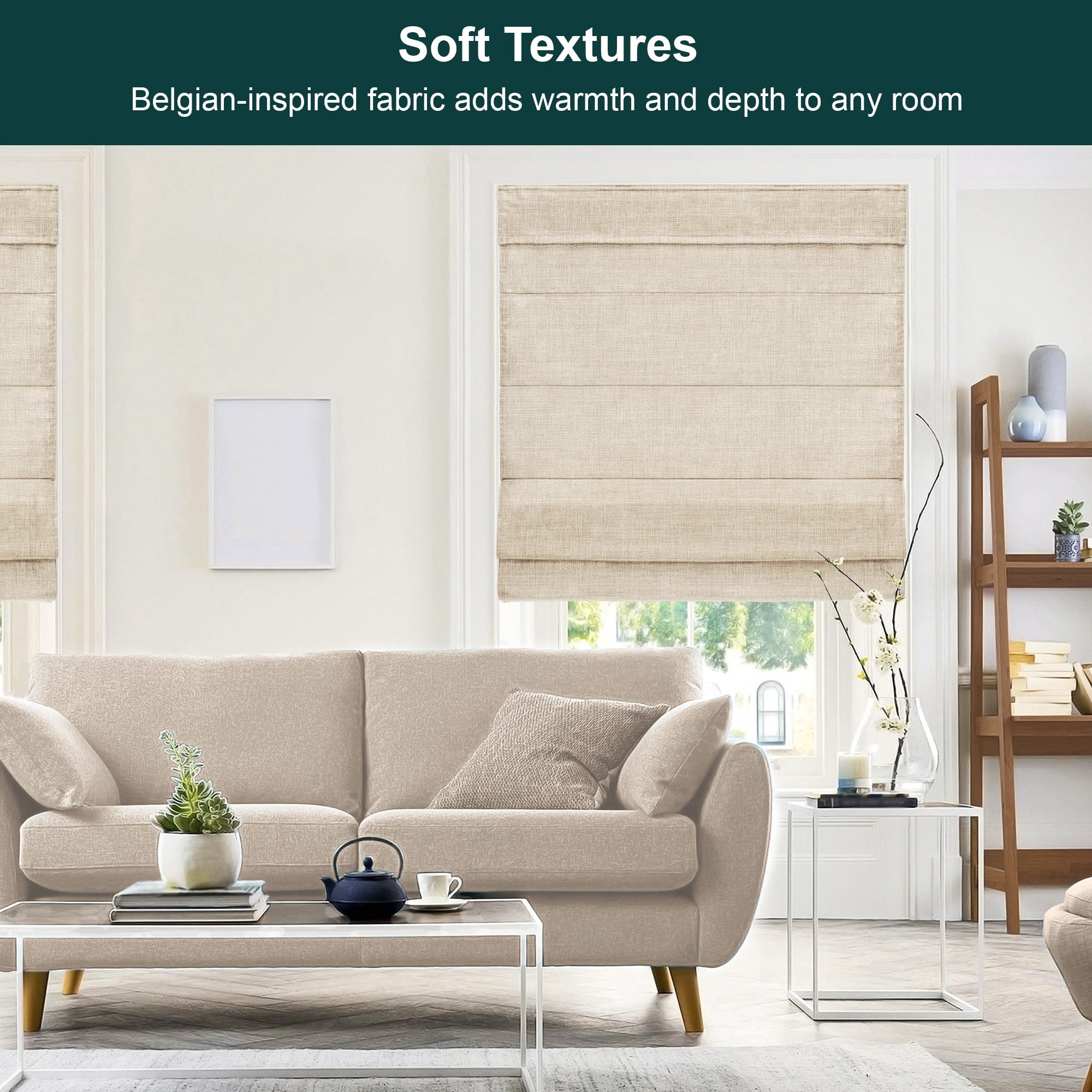 Chicology Cordless Roman Shade, Light Filtering, Belgian Flax, 35"W X 72"H