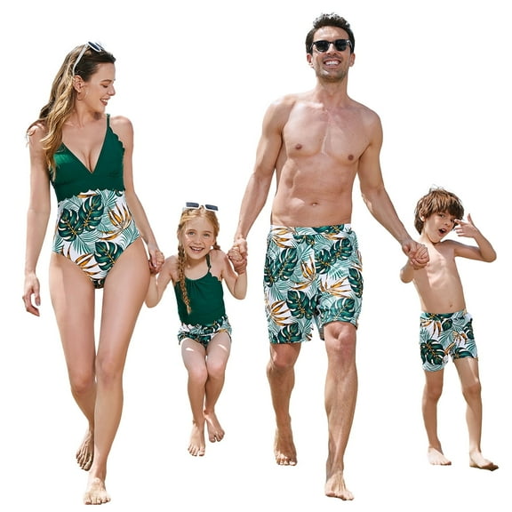 PatPat Girls One Piece Swimsuits Cute Tropical Plants Swimwear Family Matching Bathing Suit, Dark Green, Girl 6-7 Years