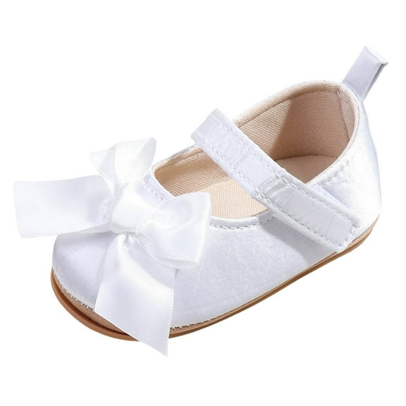 Quealent Baby Girls Mary Jane Shoes First Walker Cirb Dress Shoes with Bownot Non Slip Soft Sole PU Leather Toddler White for Size 6