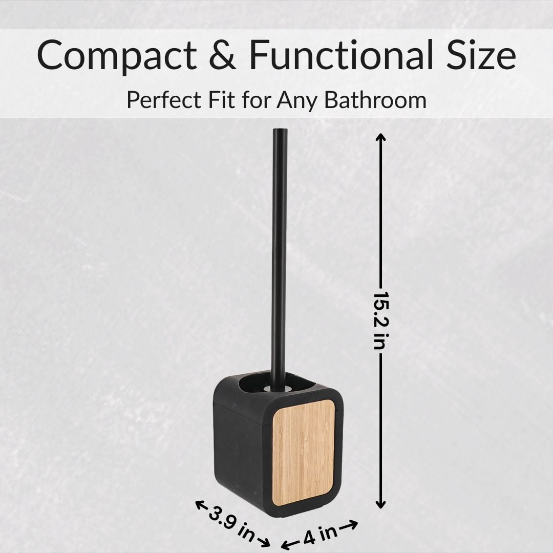 Toilet Brush and Holder Black Rubber and Bamboo